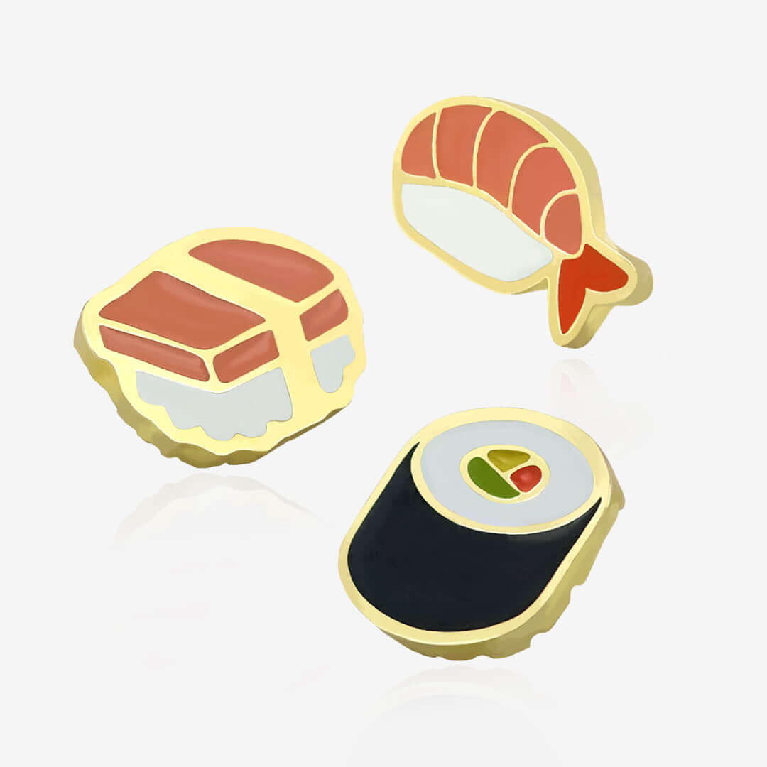 Seria trzech pinów sushi, maki-zushi, ebi nigiri, tako nigiri od Pinswear ręcznie malowane przypinki od Polskiego producenta
